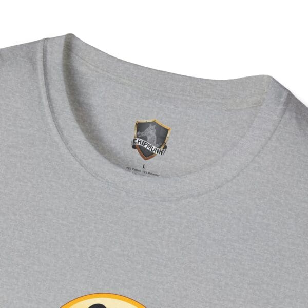 A gray T-shirt featuring a "No One Cares" label inside the collar.