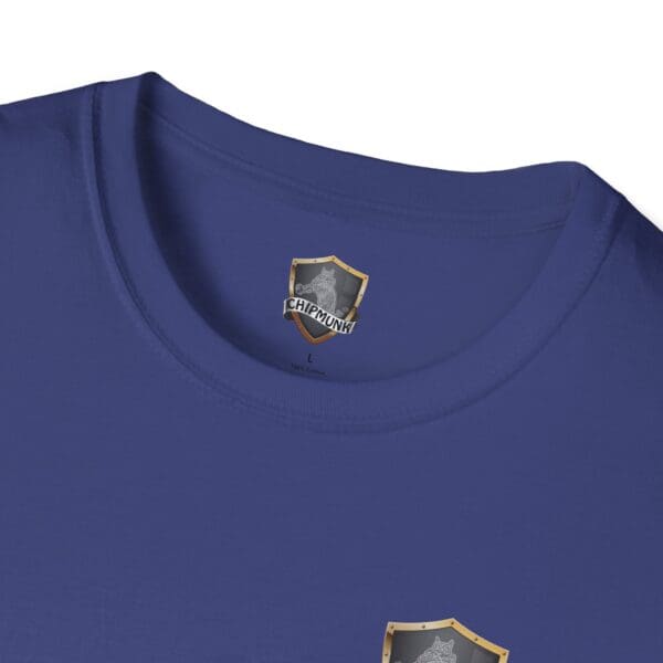 Kick Me T-Shirt in blue featuring a Chipmunk logo on the inside collar and a shield design on the front.