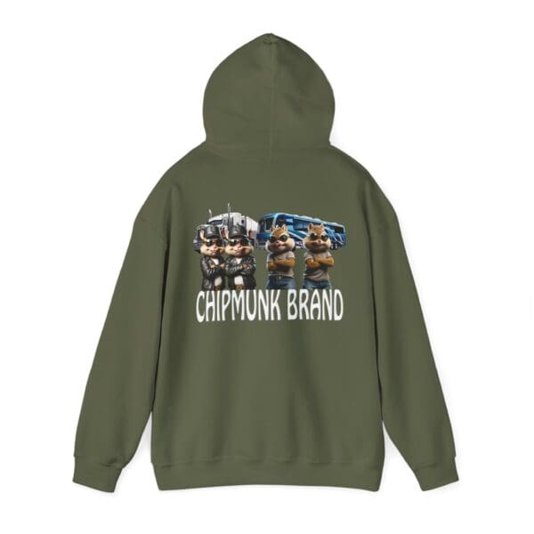 Green "Chipmunk Family Graphic Hoodie" featuring cartoon chipmunks in police uniforms standing in front of a truck on the back.