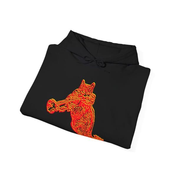 Chipmunk Hoodie in black, featuring a red and yellow abstract design of a wolf playing a trumpet.