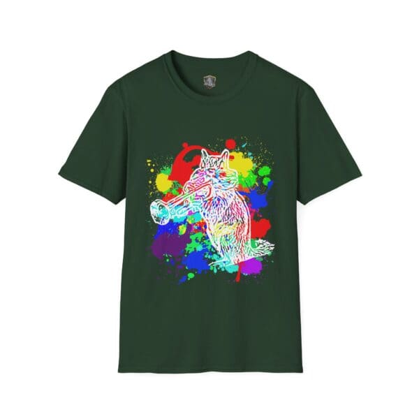 Splash Chipmunk T-Shirt - A vibrant green shirt featuring a colorful graphic of a chipmunk playing the saxophone, surrounded by splashes of vivid paint.