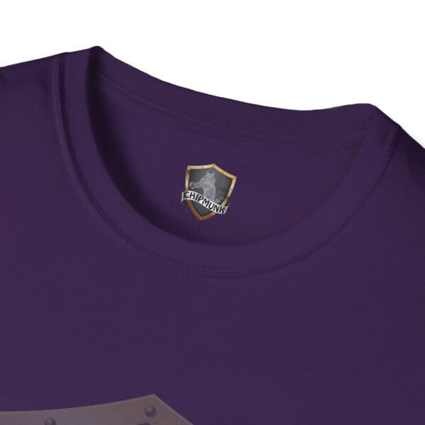 Close-up of a purple Chipmunk Brand T-Shirt's collar with a small shield-shaped label featuring a chipmunk graphic and the word "CHIPMUNK.