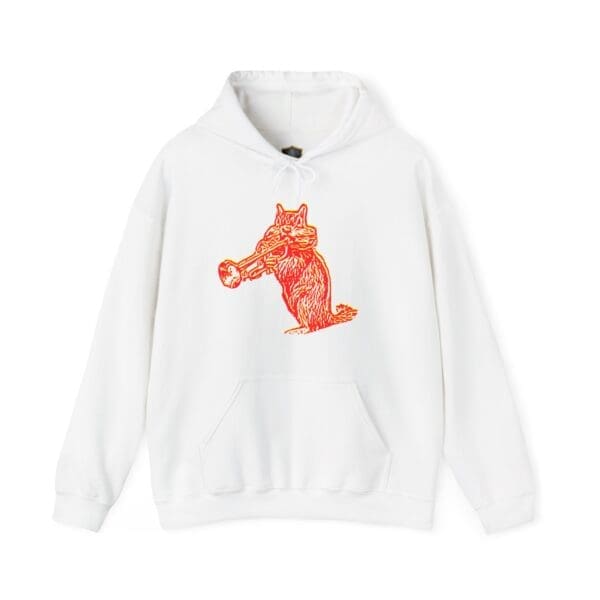 White Chipmunk Hoodie featuring a red graphic of a wolf holding a trumpet.