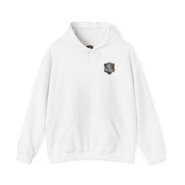 The Doodleknockers Bus and Truck Hoodie is a white hoodie with a drawstring hood and front pocket, featuring a small crest emblem on the left chest area.