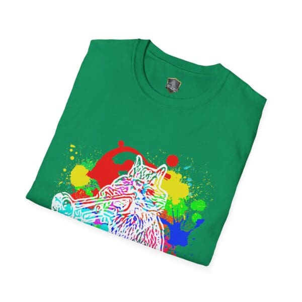 Splash Chipmunk T-Shirt featuring a colorful, abstract print of a saxophone-playing cat surrounded by vibrant paint splatters.