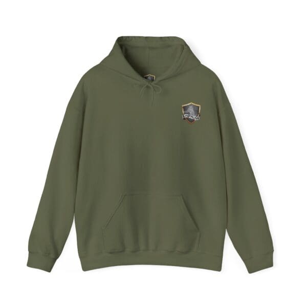 Chipmunk Family Graphic Hoodie in green with a shield emblem on the left chest, featuring a front pocket and hood.