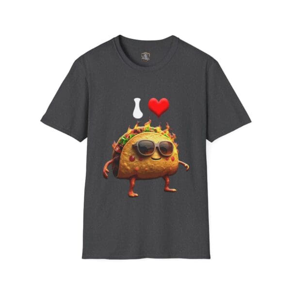 I Love Hot Taco T-Shirt featuring a graphic of a taco wearing sunglasses with the text "I ❤️" above it.