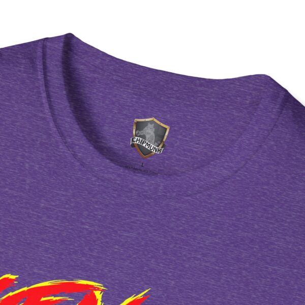 Close-up of the Gen X T-Shirt in purple, featuring a small graphic of a shield and "Chipmunk" inside the collar.