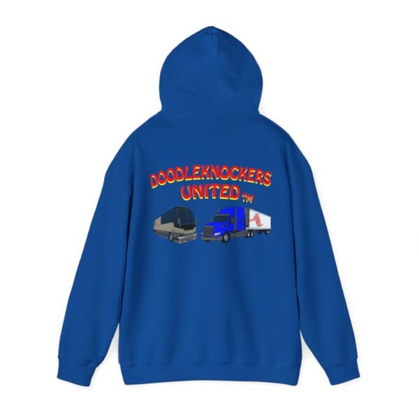 The Doodleknockers Bus and Truck Hoodie showcases the "DOODLEKNOCKERS UNITED" text alongside illustrations of a bus and a truck on the back, all set against a blue background.