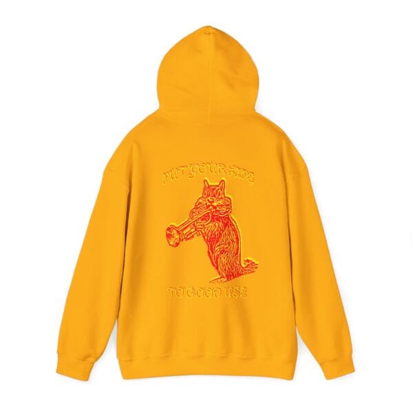 Yellow hoodie featuring a red illustration of a wolf playing a trumpet, with the text "Put your ass to good use" displayed above and below the wolf.