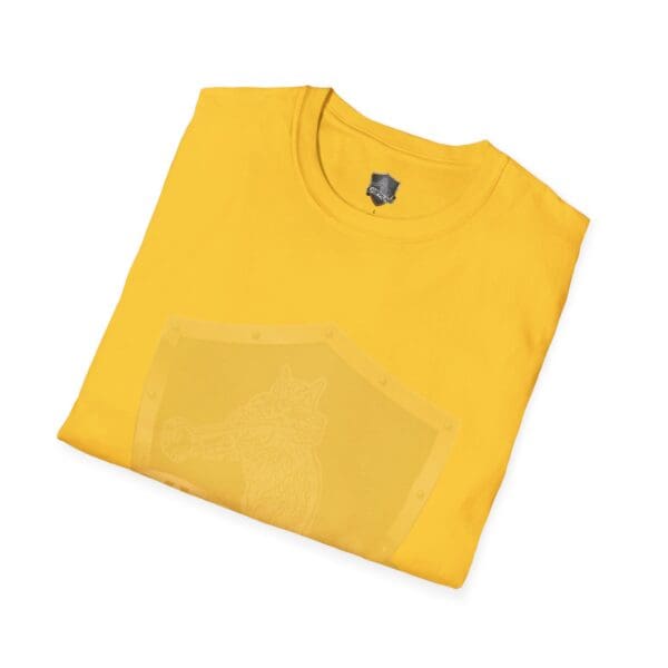 A neatly folded Chipmunk Brand T-Shirt in yellow, featuring a subtle shield and fox emblem design.