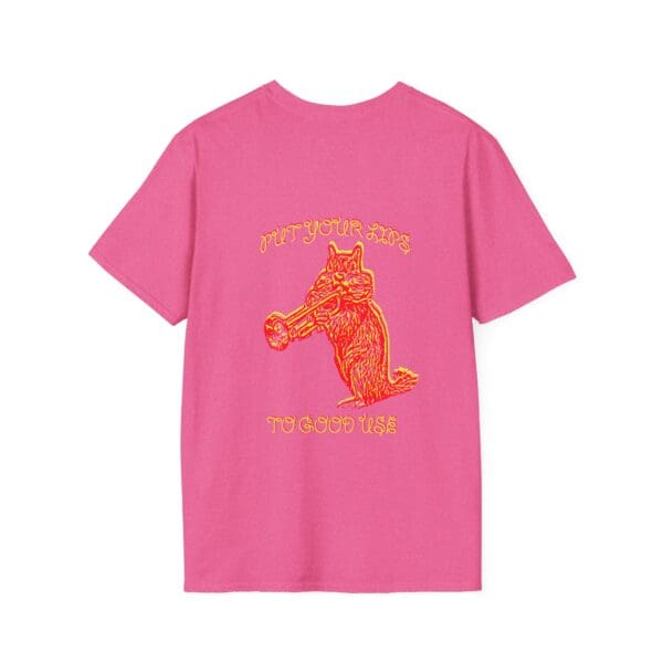 Pink T-shirt titled "Put Your Lips To Good Use" showcasing an illustration of a wolf holding a log, accompanied by the text "PUT YOUR AXES TO GOOD USE" in yellow.