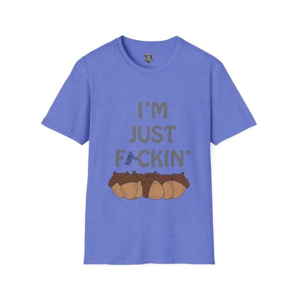 Blue T-shirt with the text "I'm Nuts" above an illustration of acorns.