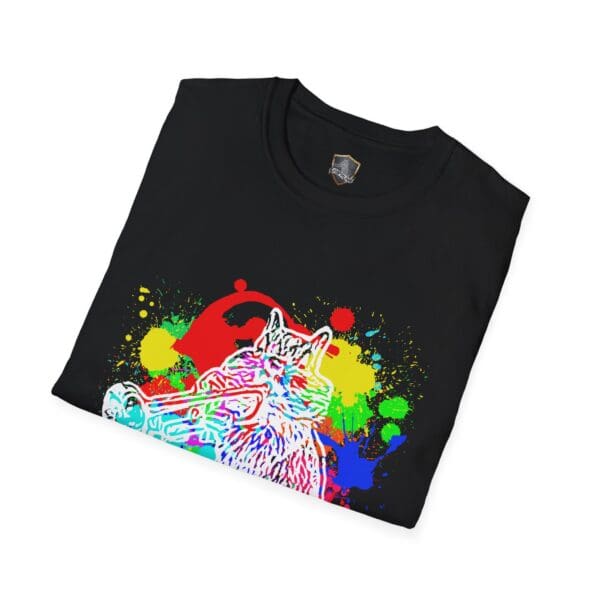 Black t-shirt featuring a vibrant artistic print of a chipmunk playing a trumpet against a splatter paint background.