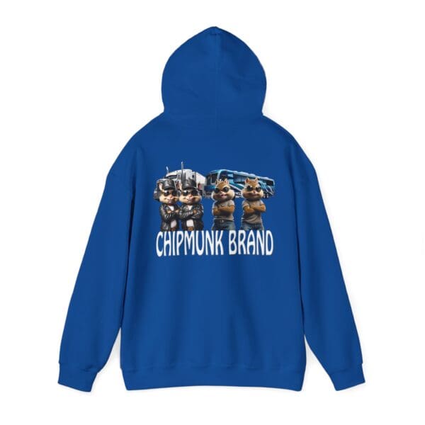 Blue Chipmunk Family Graphic Hoodie showcasing cartoon chipmunks in police uniforms alongside a police truck, complete with the "Chipmunk Brand" text.