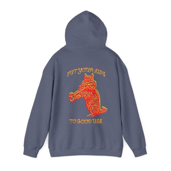 Gray hoodie with a line art fox design and the text "PUT YOUR LIPS TO GOOD USE" on the back.