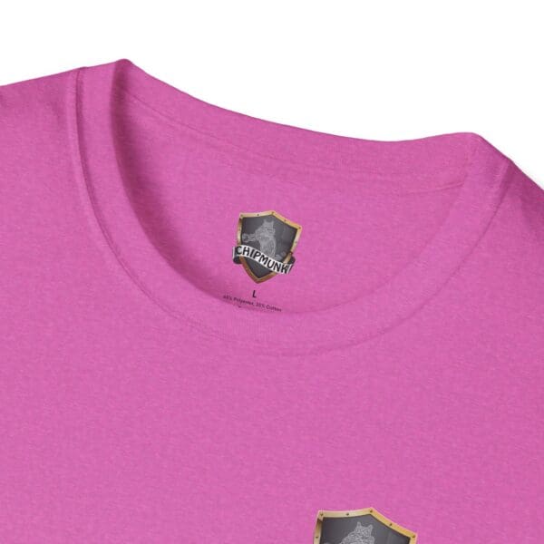 Close-up of a pink "Put Your Lips To Good Use" T-shirt featuring a small "Chipmunk" logo on the inside of the collar.