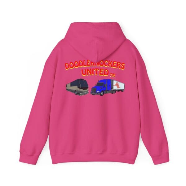 Doodleknockers Bus and Truck Hoodie in pink, featuring "DOODLEKNOCKERS UNITED TM" text on the back, along with illustrations of a tour bus and a truck.