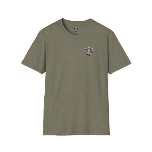 Doodleknockers Bus and Truck T-Shirt in olive green featuring a small, shield-shaped logo on the left chest.