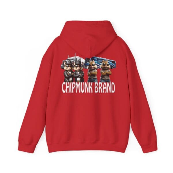 Chipmunk Family Graphic Hoodie featuring a red design with the "Chipmunk Brand" text and an image of four chipmunks dressed as truckers standing in front of a semi-truck.