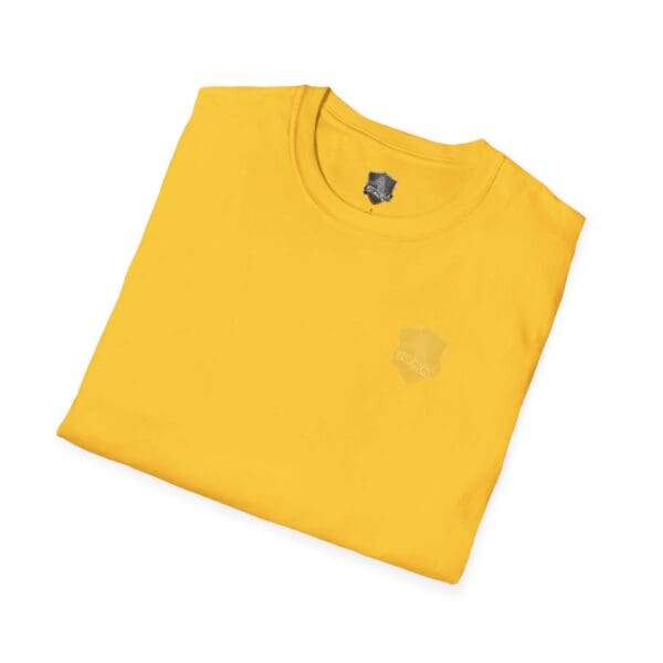 Yellow "You Bought It Because We Brought It" t-shirt, folded, with a small shield logo on the front.