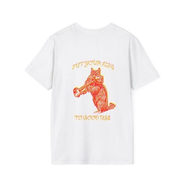 White T-shirt with a red and yellow wolf holding a megaphone design. Text reads, "Put your lips to good use.