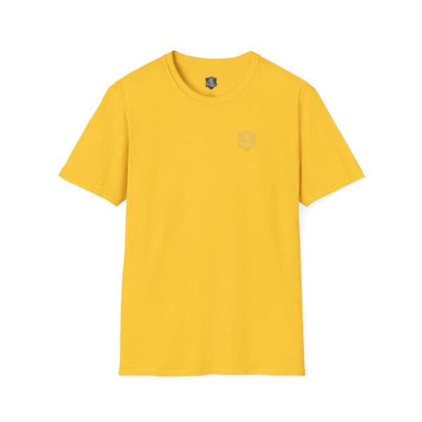 The "You Bought It Because We Brought It T-Shirt" is a plain yellow tee featuring a subtle emblem on the left chest.