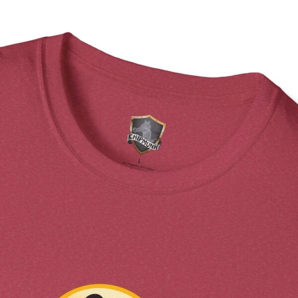 Close-up of a red No One Cares T-Shirt with a logo and "Chipmunk" label inside the collar.