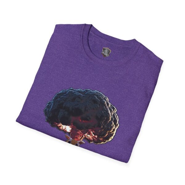 A purple Not My Nuts T-Shirt featuring a mushroom cloud explosion graphic on the front.