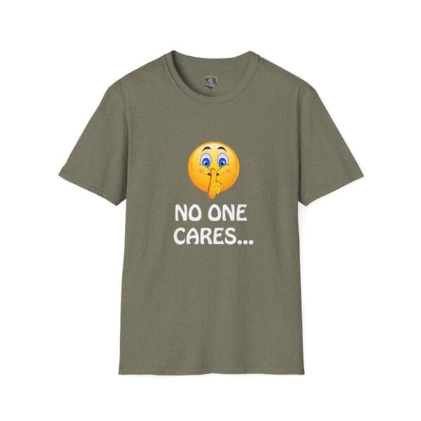 Olive green "No One Cares T-Shirt" featuring a shushing emoji and the text "NO ONE CARES..." printed on the front.