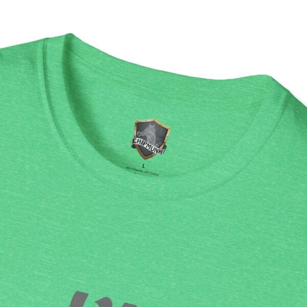 Close-up of a green I'm Nuts T-Shirt's neckline featuring a triangular label that displays a logo and text reading "Chipmunk, L.