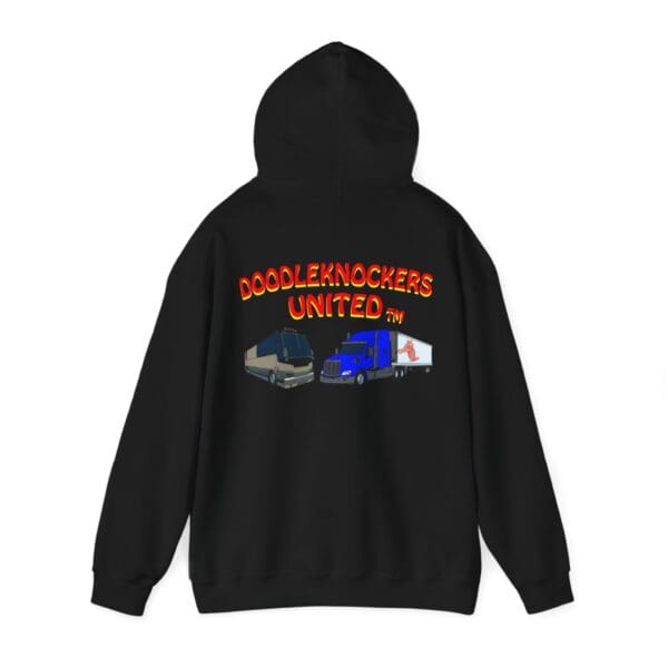 Black hoodie, known as the Doodleknockers Bus and Truck Hoodie, featuring "DOODLEKNOCKERS UNITED" text and illustrations of two semi-trucks on the back.