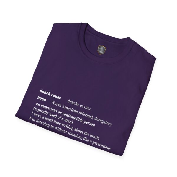 A folded Douche Canoe T-Shirt in purple highlights a definition of "douche canoe," referring to it as an informal North American derogatory term for an obnoxious or contemptible person.