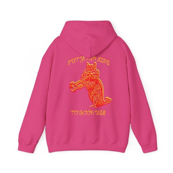 A pink "Put Your Lips To Good Use" hoodie featuring an orange outline of a wolf with text on the back.