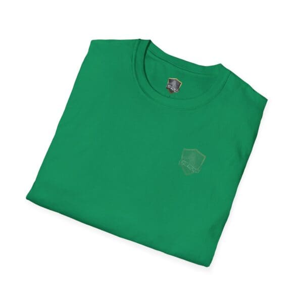 The You Bought It Because We Brought It T-Shirt features a folded green design with a small shield logo on the chest and a label at the collar.