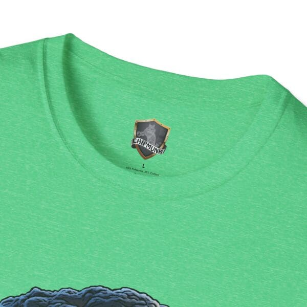 Close-up of a green "Not My Nuts" T-shirt collar featuring a "Chipmunk" brand label and size L tag.