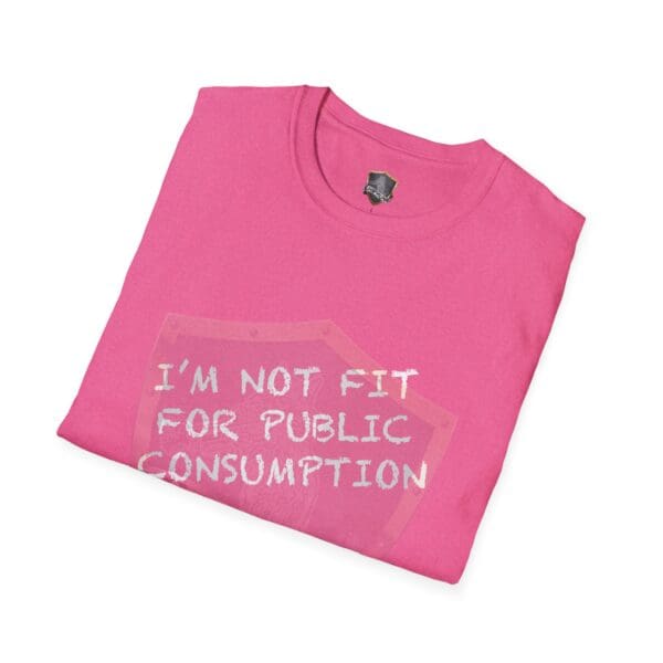 Pink shirt with the phrase "I'm Not Fit for Public Consumption" printed in white.