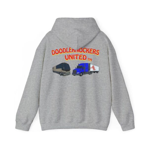 Doodleknockers Bus and Truck Hoodie in gray, featuring 'Doodlernockers United' text with images of a bus and a truck on the back.