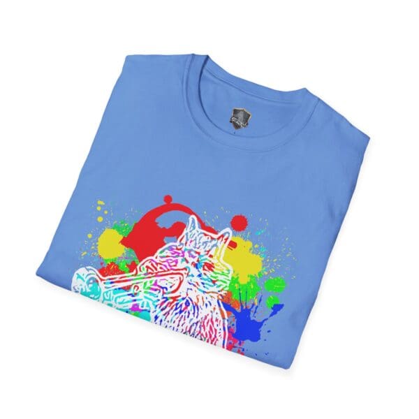 Blue Splash Chipmunk T-Shirt featuring a vibrant graphic of a chipmunk playing a trumpet against a paint-splatter background.