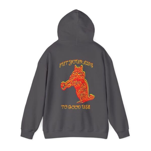 A gray hoodie featuring a cartoon wolf illustration on the back, playing a trumpet, with the text "PUT YOUR LIPS TO GOOD USE.