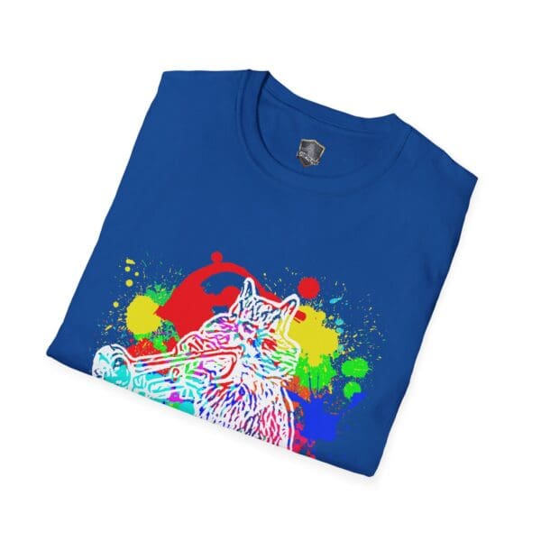 Splash Chipmunk T-Shirt in blue, featuring a vibrant graphic of a cat playing a trumpet amid bursts of multicolored paint.