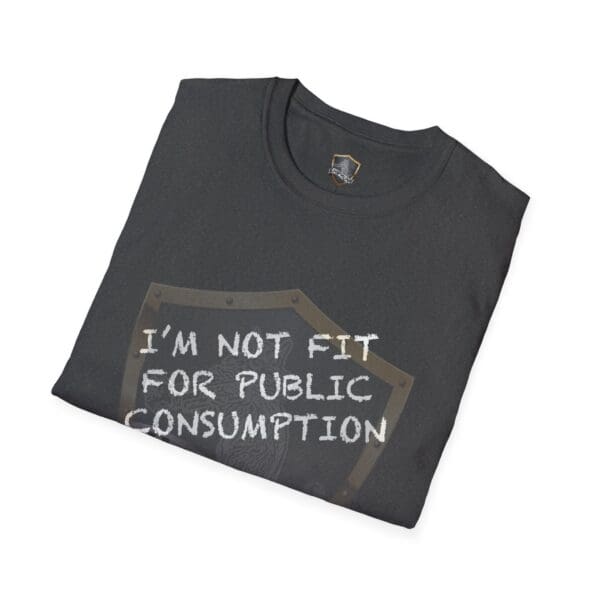 Folded dark t-shirt featuring the "I'm Not Fit for Public Consumption' Shirt" slogan on the front.