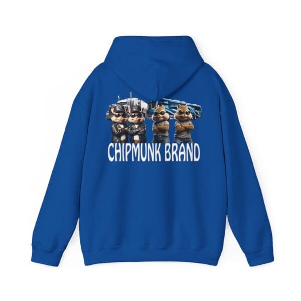 Chipmunk Family Graphic Hoodie in blue featuring the "Chipmunk Brand" text and cartoon chipmunks standing in front of a truck on the back.