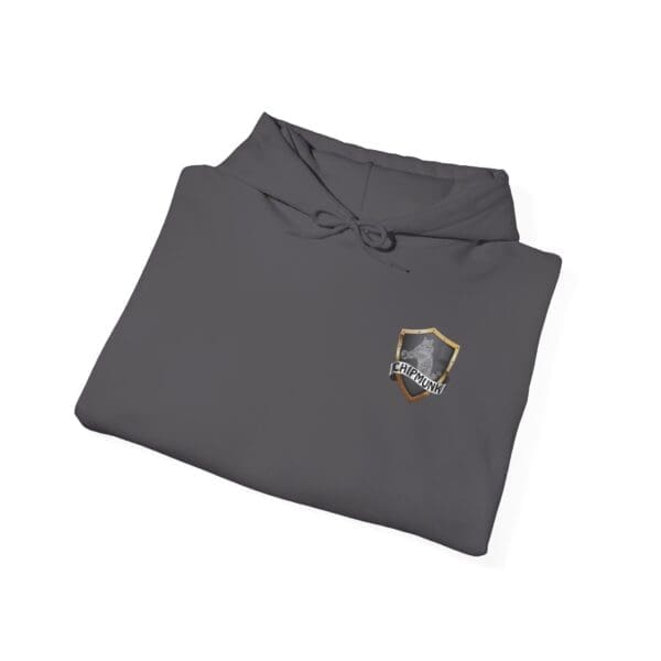 A folded gray "Put Your Lips To Good Use" hoodie with a shield emblem on the front.