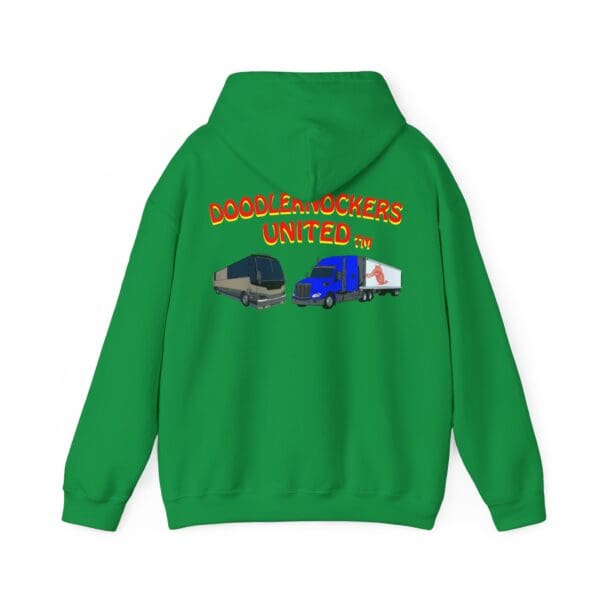 Green Doodleknockers Bus and Truck Hoodie showcasing the text "DOODLEKNOCKERS UNITED TM" with images of a bus, truck, and semi-trailer on the back.