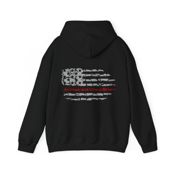 Firefighter Support Hoodie showcasing a stylized American flag on the back with a thin red line.