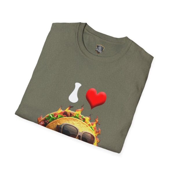 Folded I Love Hot Taco T-Shirt in green, featuring a graphic design of a taco wearing sunglasses, surrounded by flames, with bottle and heart icons above.