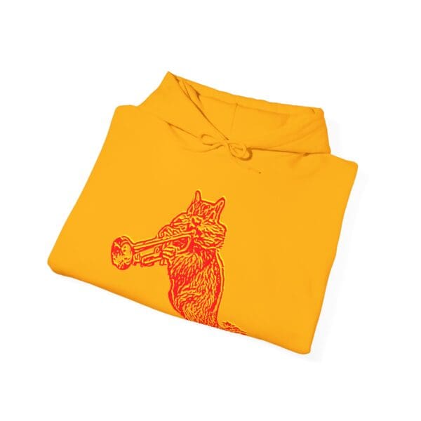 A neatly folded Chipmunk Hoodie in orange, featuring a red wolf graphic with a trumpet in its mouth.