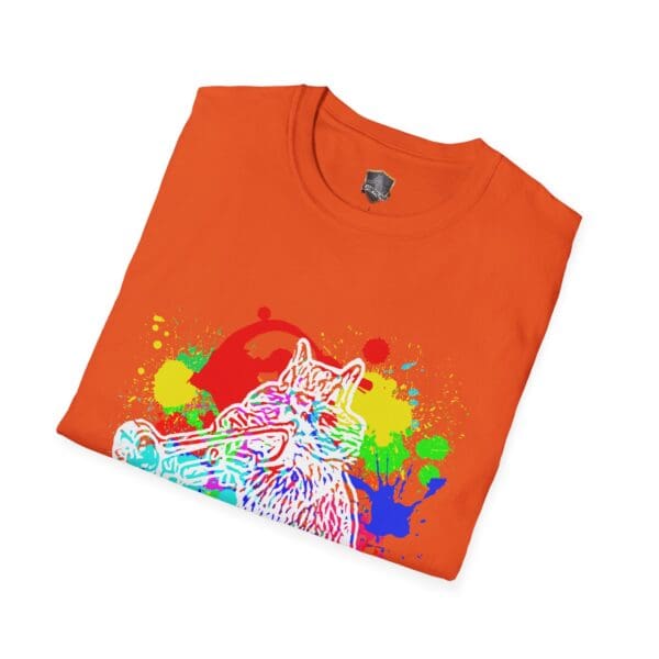 Orange t-shirt featuring a vibrant graphic of a chipmunk playing a trumpet against a splash paint background, known as the Splash Chipmunk T-Shirt.