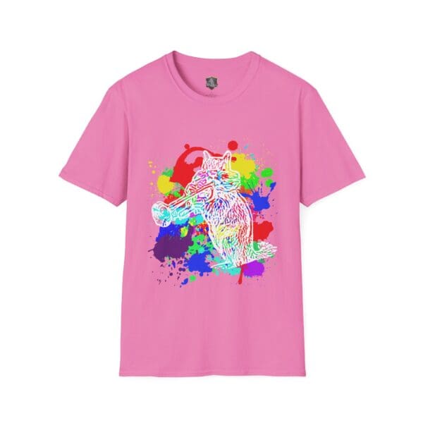 Splash Chipmunk T-Shirt in pink featuring a vibrant graphic of a cat playing the trumpet amidst paint splatters.